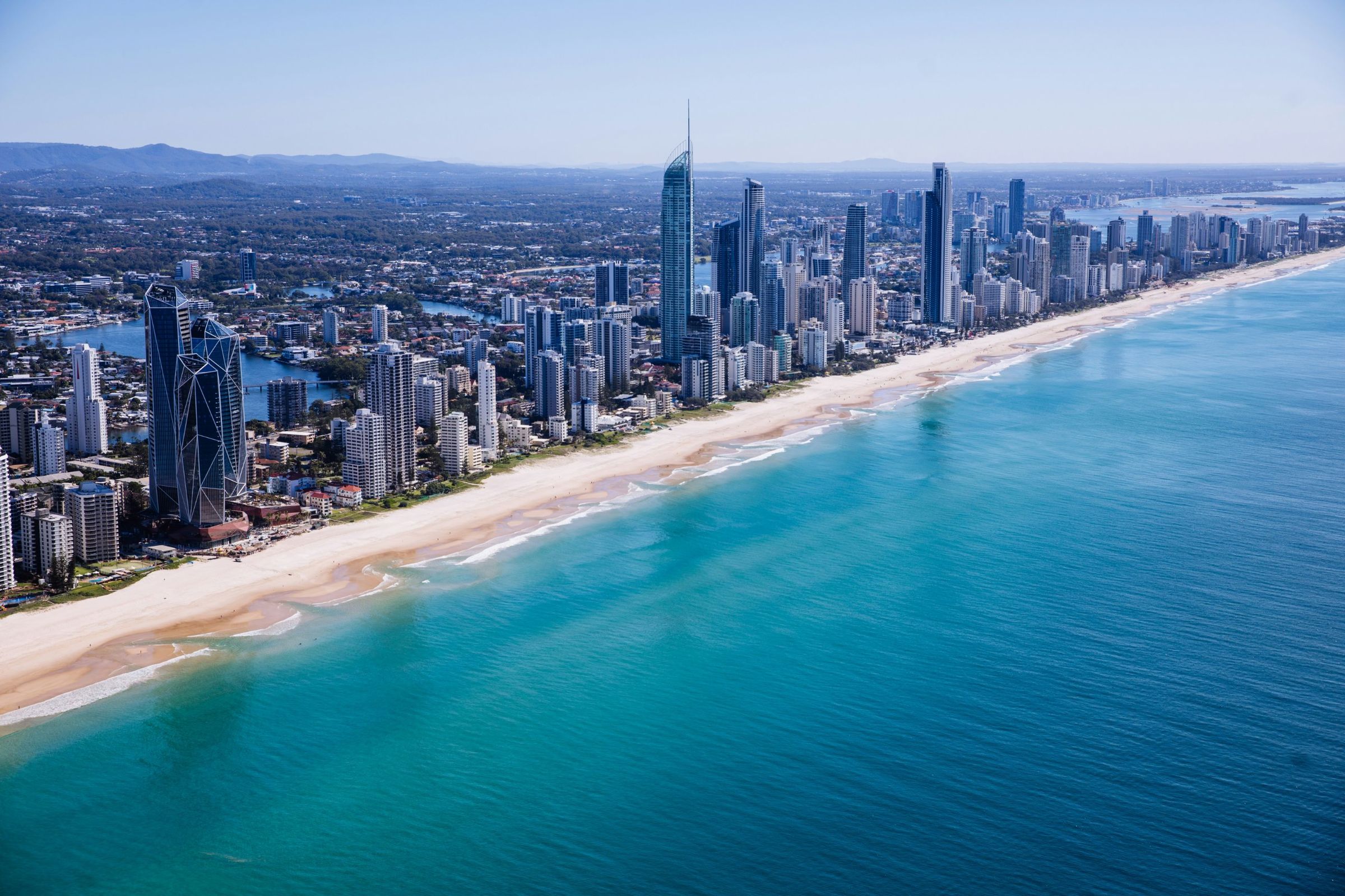 Aerial view of the Gold Coast skyline and beach from Broadbeach to Surfers Paradise